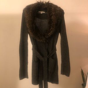 Knit Cardigan, Faux Fur Detachable Collar